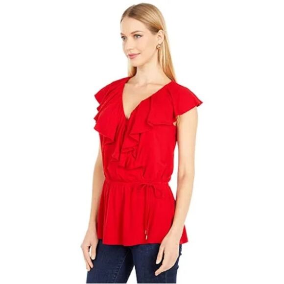 Ralph Lauren Ruffle Trim Surplice Jersey Women's Top Blouse Orange Red (Size M) - Picture 1 of 12